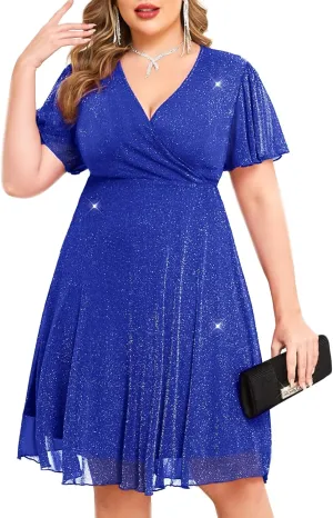 CYCLAMEN Plus Size Sparkly Mesh Dress A Line Short Ruffle Sleeve V Neck Wrap Glitter Dresses Wedding Guest Cocktail Club