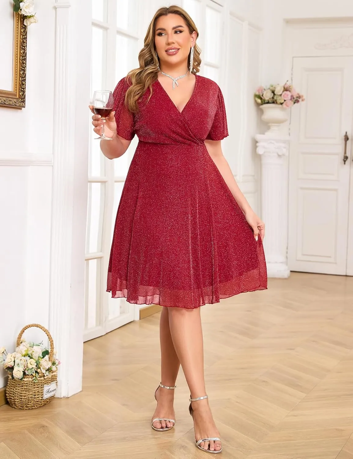 CYCLAMEN Plus Size Sparkly Mesh Dress A Line Short Ruffle Sleeve V Neck Wrap Glitter Dresses Wedding Guest Cocktail Club