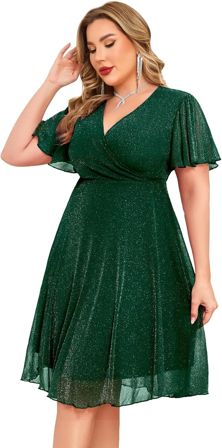 CYCLAMEN Plus Size Sparkly Mesh Dress A Line Short Ruffle Sleeve V Neck Wrap Glitter Dresses Wedding Guest Cocktail Club