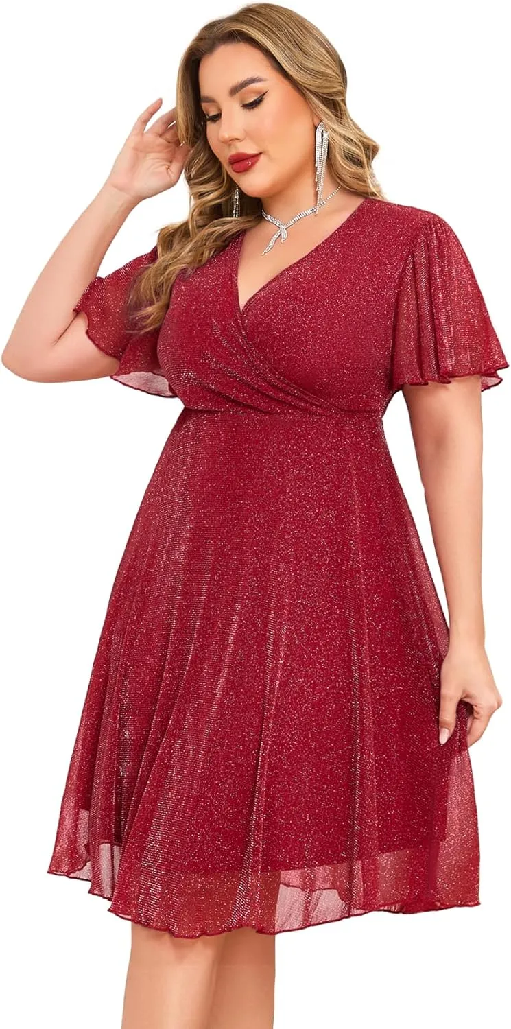 CYCLAMEN Plus Size Sparkly Mesh Dress A Line Short Ruffle Sleeve V Neck Wrap Glitter Dresses Wedding Guest Cocktail Club
