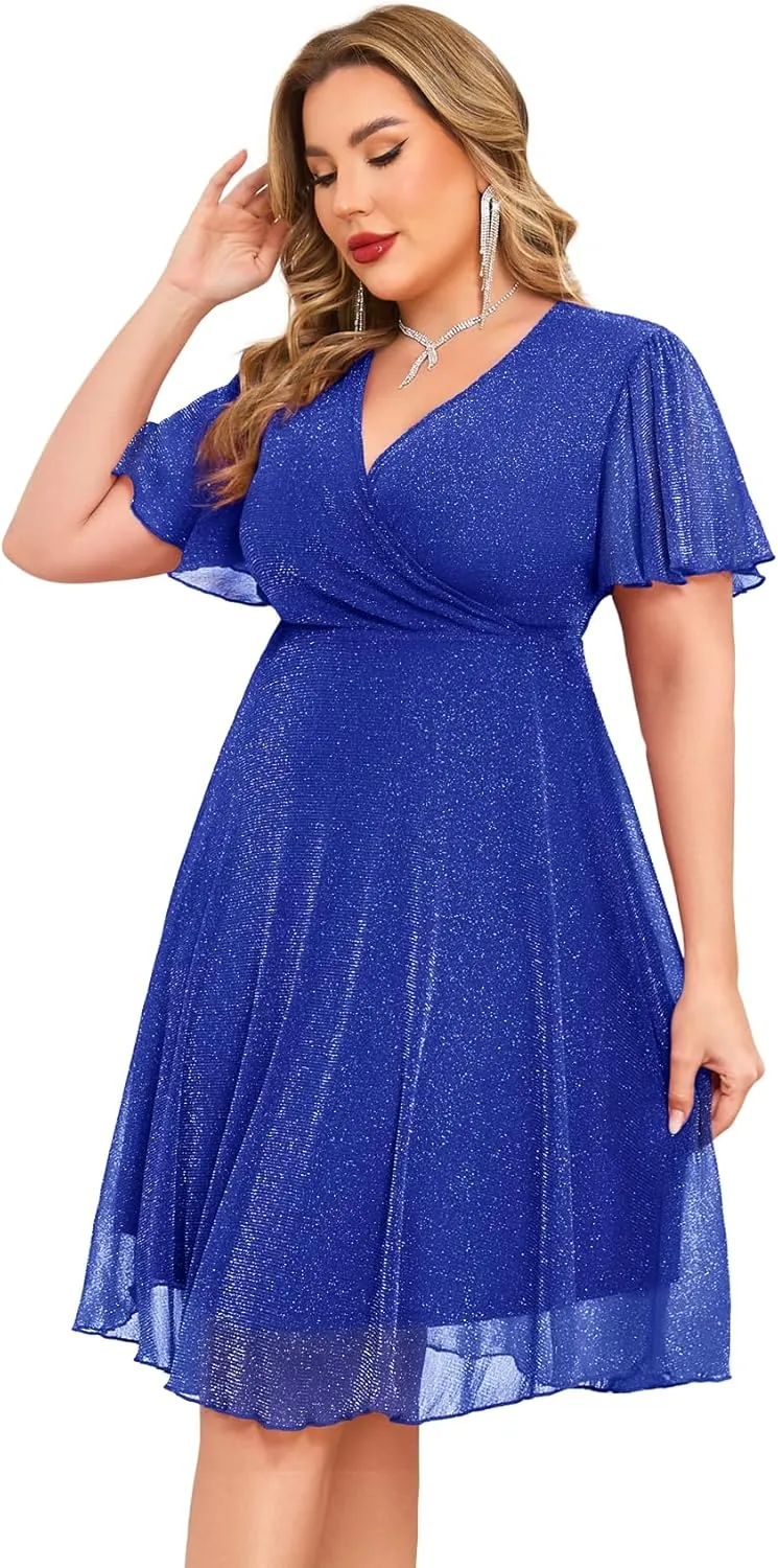CYCLAMEN Plus Size Sparkly Mesh Dress A Line Short Ruffle Sleeve V Neck Wrap Glitter Dresses Wedding Guest Cocktail Club