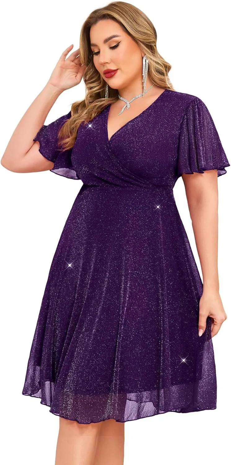 CYCLAMEN Plus Size Sparkly Mesh Dress A Line Short Ruffle Sleeve V Neck Wrap Glitter Dresses Wedding Guest Cocktail Club