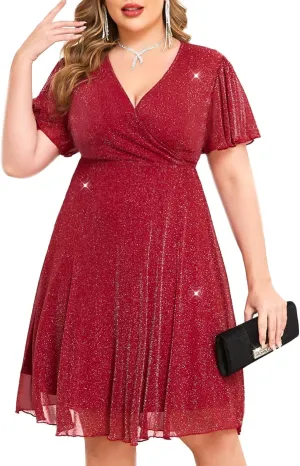CYCLAMEN Plus Size Sparkly Mesh Dress A Line Short Ruffle Sleeve V Neck Wrap Glitter Dresses Wedding Guest Cocktail Club