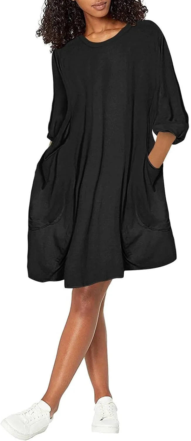 Dresses for Women 2024,Summer Casual Loose Long Top Crewneck 3/4 Sleeve Solid Lightweight Plus Size Dress with Pocket