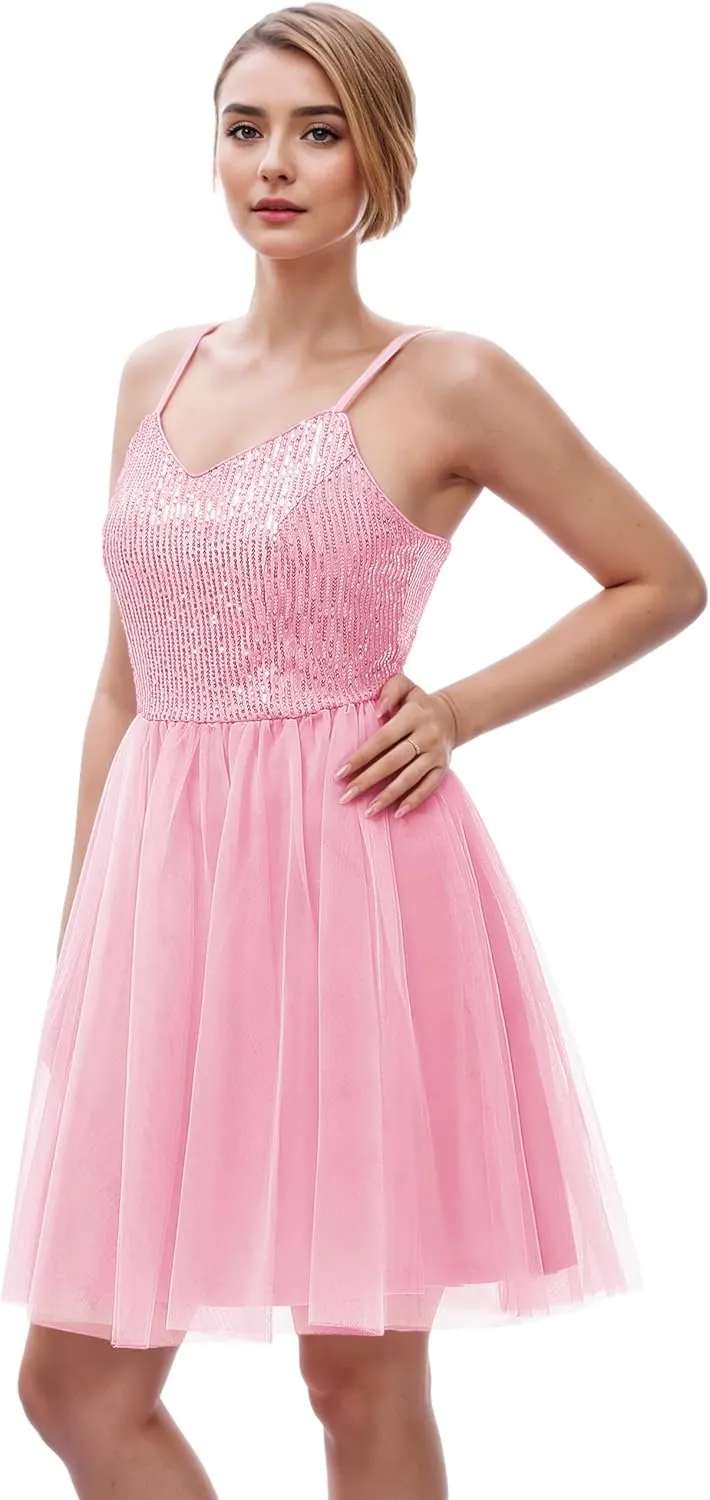 Dressystar Women's Sparkly Sequin Glitter Dress Spaghetti Strap Cocktail Party Dresses