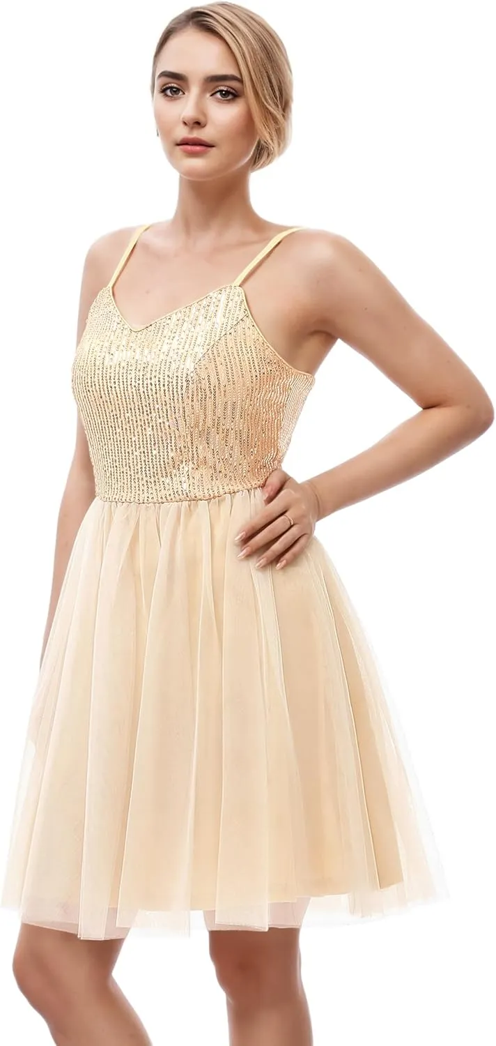 Dressystar Women's Sparkly Sequin Glitter Dress Spaghetti Strap Cocktail Party Dresses