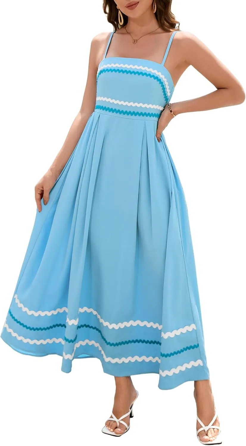Dressystar Women's Summer Spaghetti Straps Maxi Dress Casual Smocked Sundress Flowy Beach Wedding Dresses
