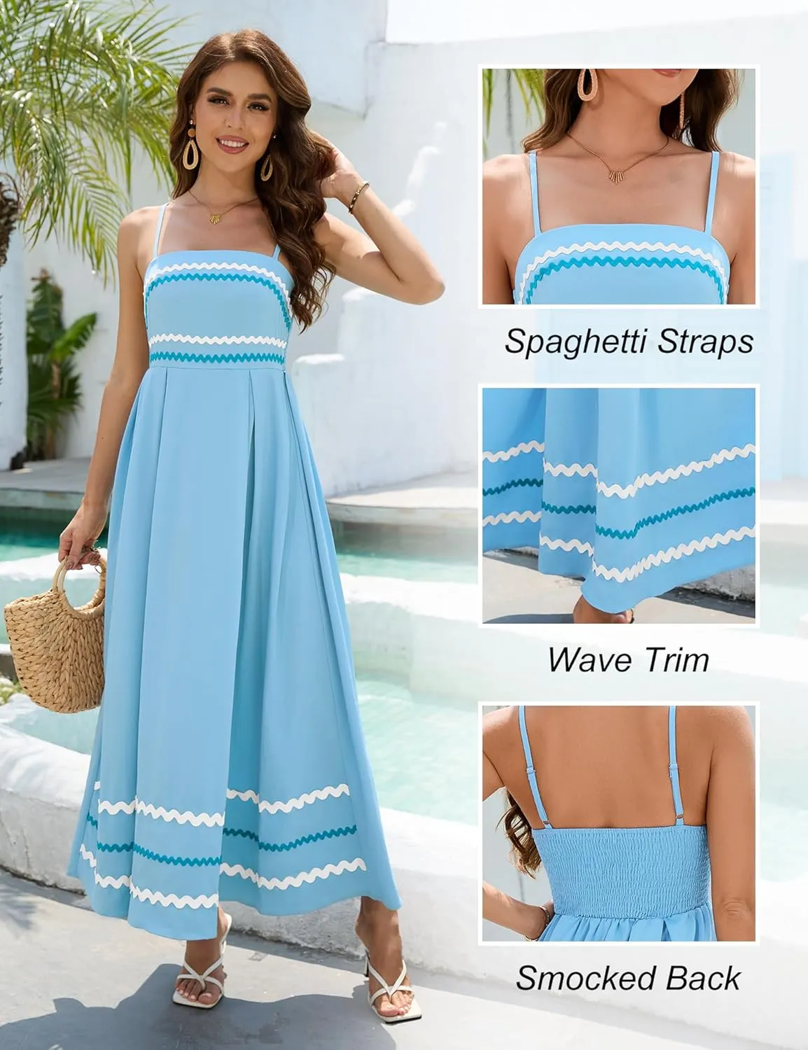 Dressystar Women's Summer Spaghetti Straps Maxi Dress Casual Smocked Sundress Flowy Beach Wedding Dresses