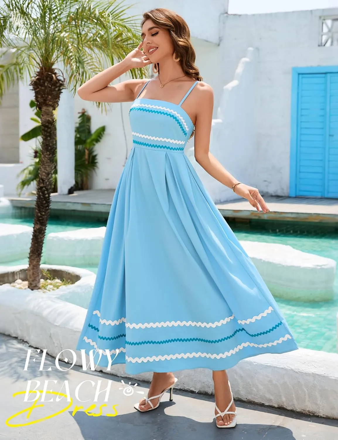 Dressystar Women's Summer Spaghetti Straps Maxi Dress Casual Smocked Sundress Flowy Beach Wedding Dresses