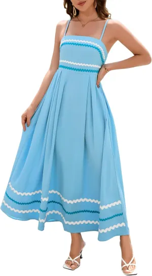 Dressystar Women's Summer Spaghetti Straps Maxi Dress Casual Smocked Sundress Flowy Beach Wedding Dresses