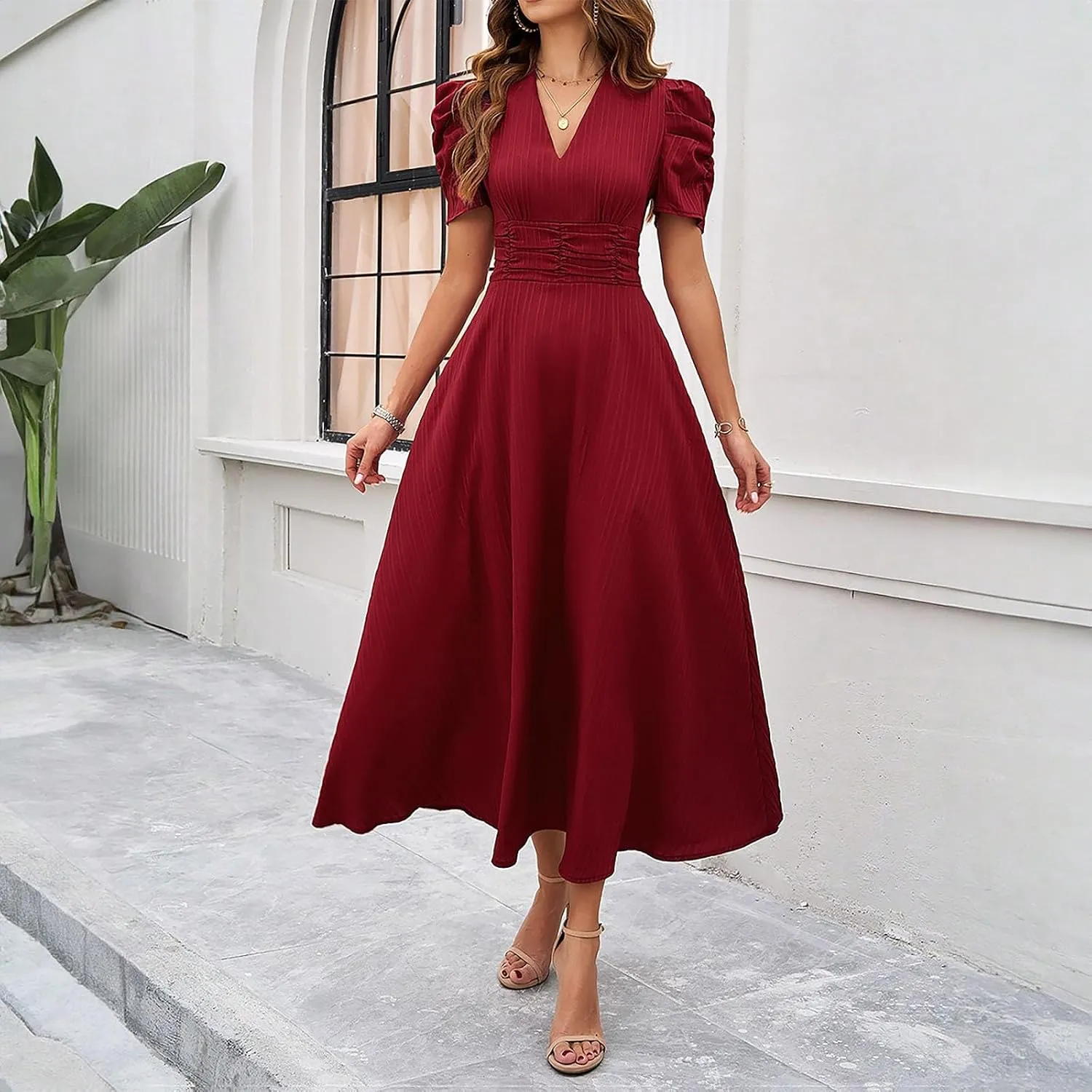 Elegant Women's Vintage A-Line Midi Dress with Puff Sleeves and V-Neck for Party, Wedding, Evening Outfits