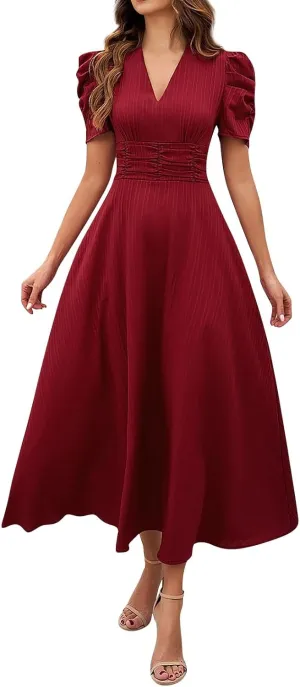 Elegant Women's Vintage A-Line Midi Dress with Puff Sleeves and V-Neck for Party, Wedding, Evening Outfits