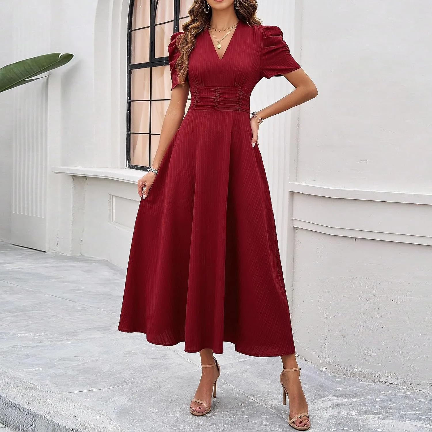 Elegant Women's Vintage A-Line Midi Dress with Puff Sleeves and V-Neck for Party, Wedding, Evening Outfits