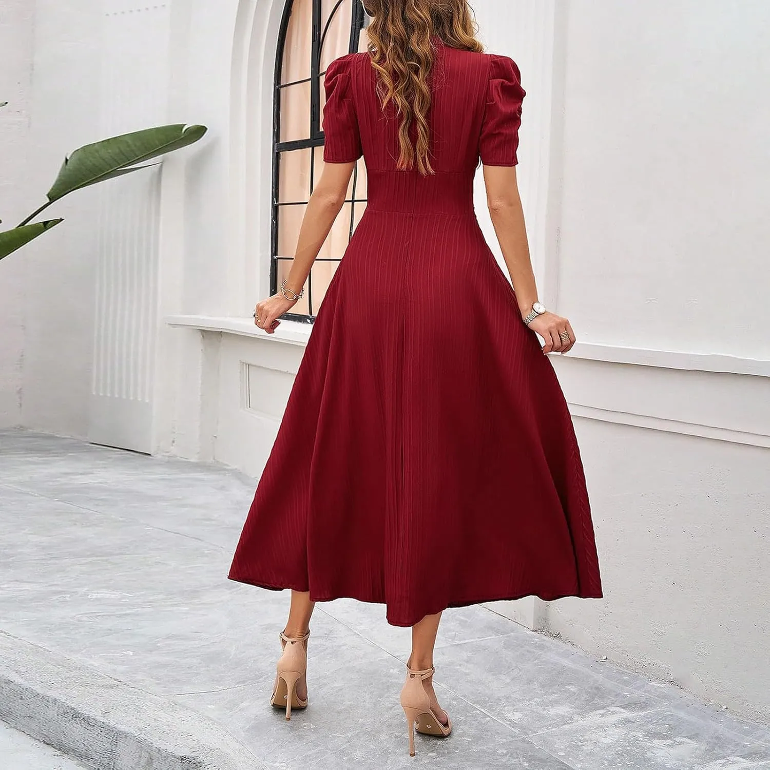 Elegant Women's Vintage A-Line Midi Dress with Puff Sleeves and V-Neck for Party, Wedding, Evening Outfits