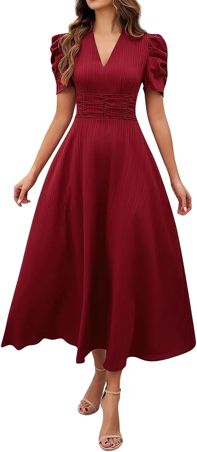 Elegant Women's Vintage A-Line Midi Dress with Puff Sleeves and V-Neck for Party, Wedding, Evening Outfits