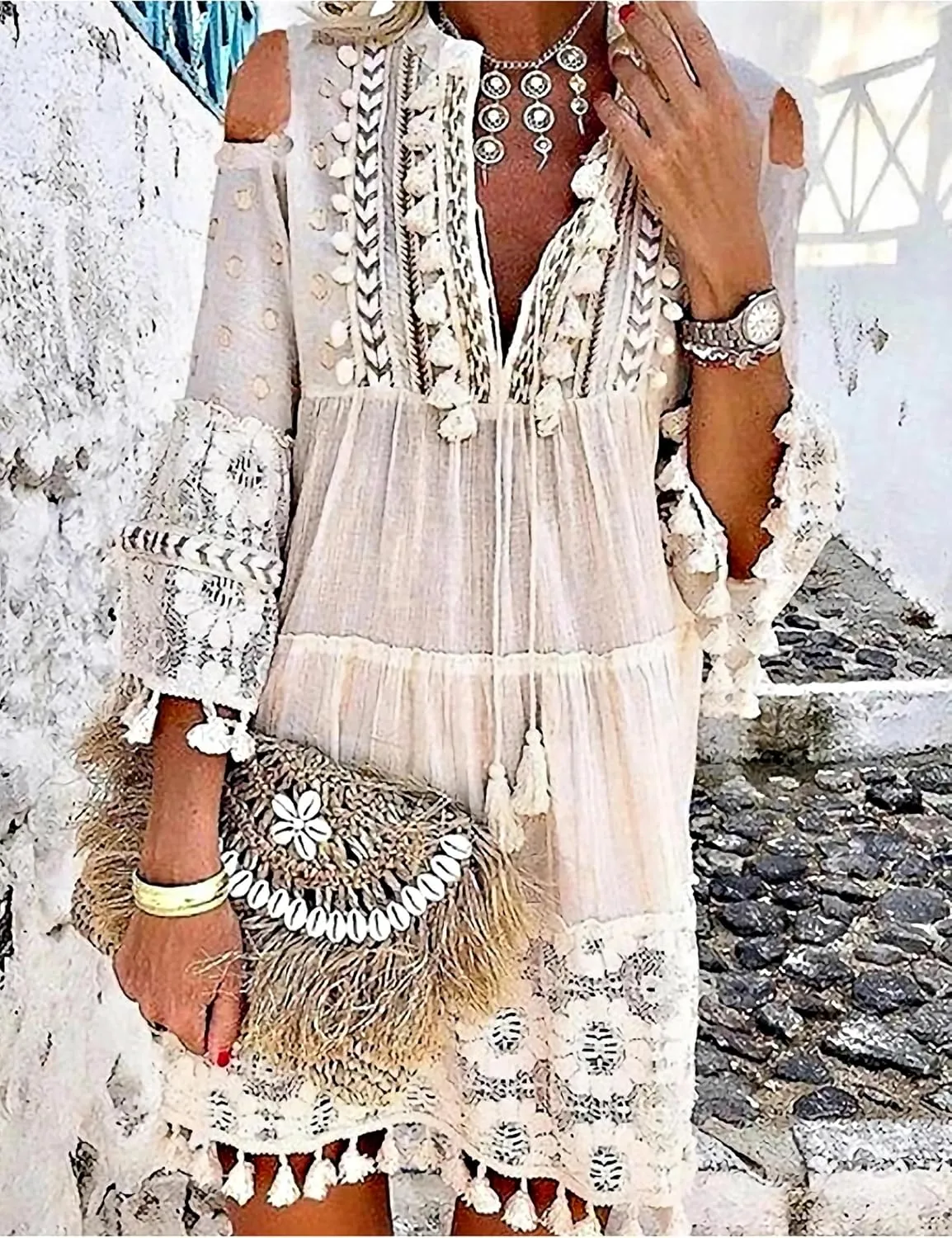 Embroidered Patchwork Fringe Dress for Women 2025 Boho Floral Lace Tassel Fringe V-Neck Plus Size Short Dresses