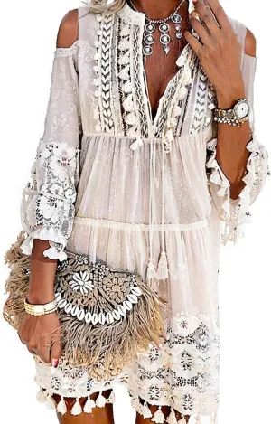 Embroidered Patchwork Fringe Dress for Women 2025 Boho Floral Lace Tassel Fringe V-Neck Plus Size Short Dresses