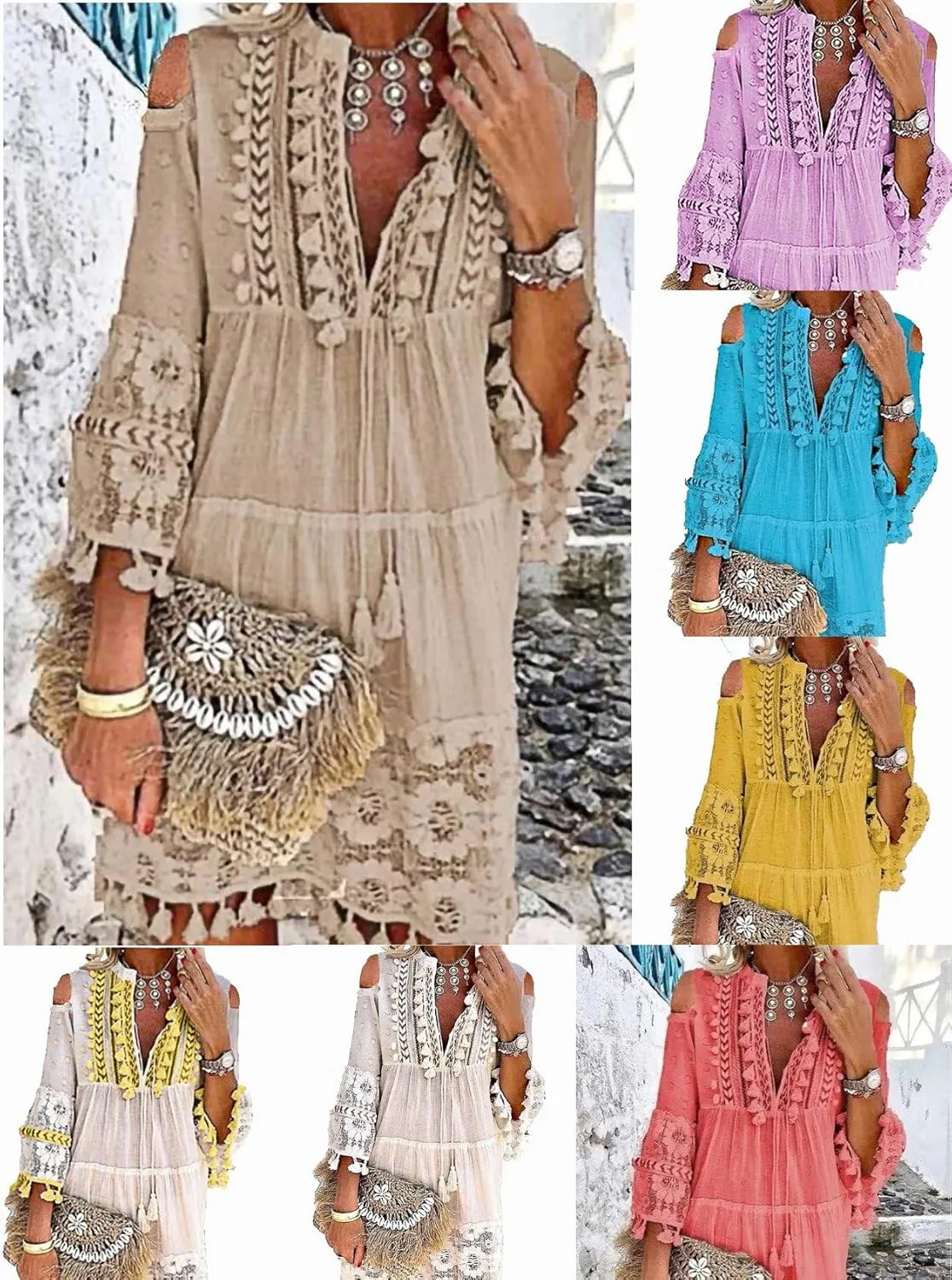 Embroidered Patchwork Fringe Dress for Women 2025 Boho Floral Lace Tassel Fringe V-Neck Plus Size Short Dresses