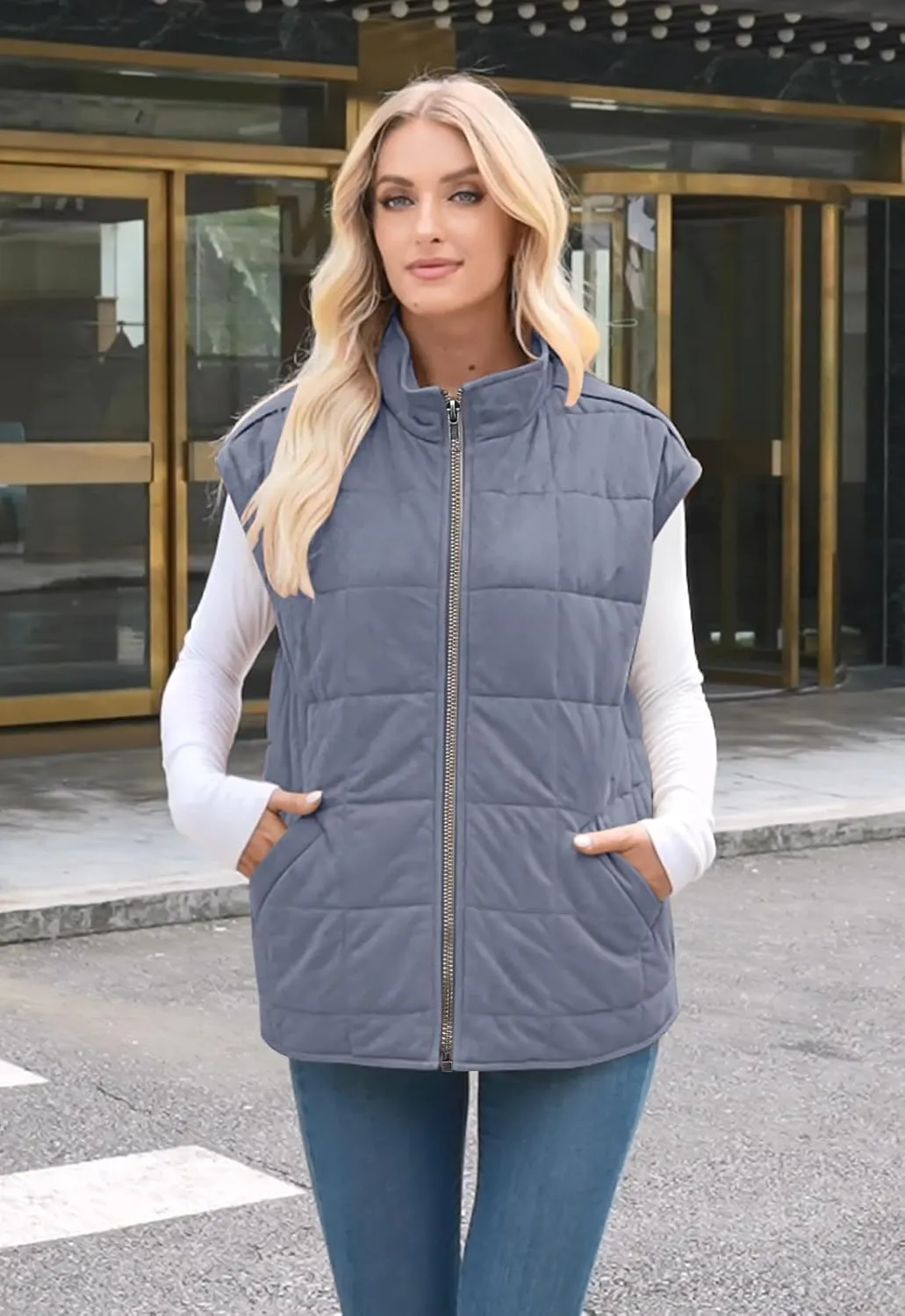 ETCYY Womens Oversized Vest Trendy Fall 2025 Sleeveless Lightweight Quilted Jacket Casual Winter Zip Up Coat Outwear
