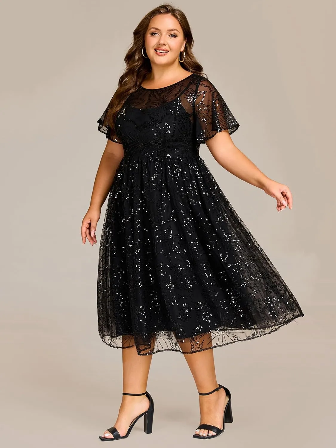 Ever-Pretty Plus Women's Gorgeous Round Neck A-Line Short Sleeves Midi Sequin Plus Size Formal Wedding Guest Dresses