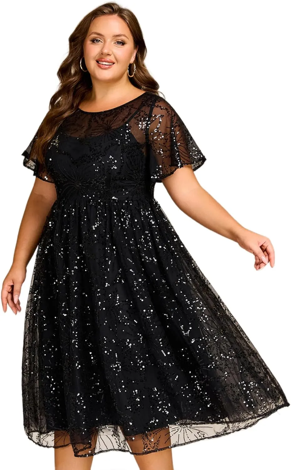 Ever-Pretty Plus Women's Gorgeous Round Neck A-Line Short Sleeves Midi Sequin Plus Size Formal Wedding Guest Dresses