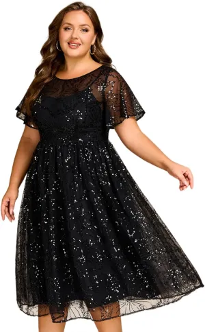 Ever-Pretty Plus Women's Gorgeous Round Neck A-Line Short Sleeves Midi Sequin Plus Size Formal Wedding Guest Dresses