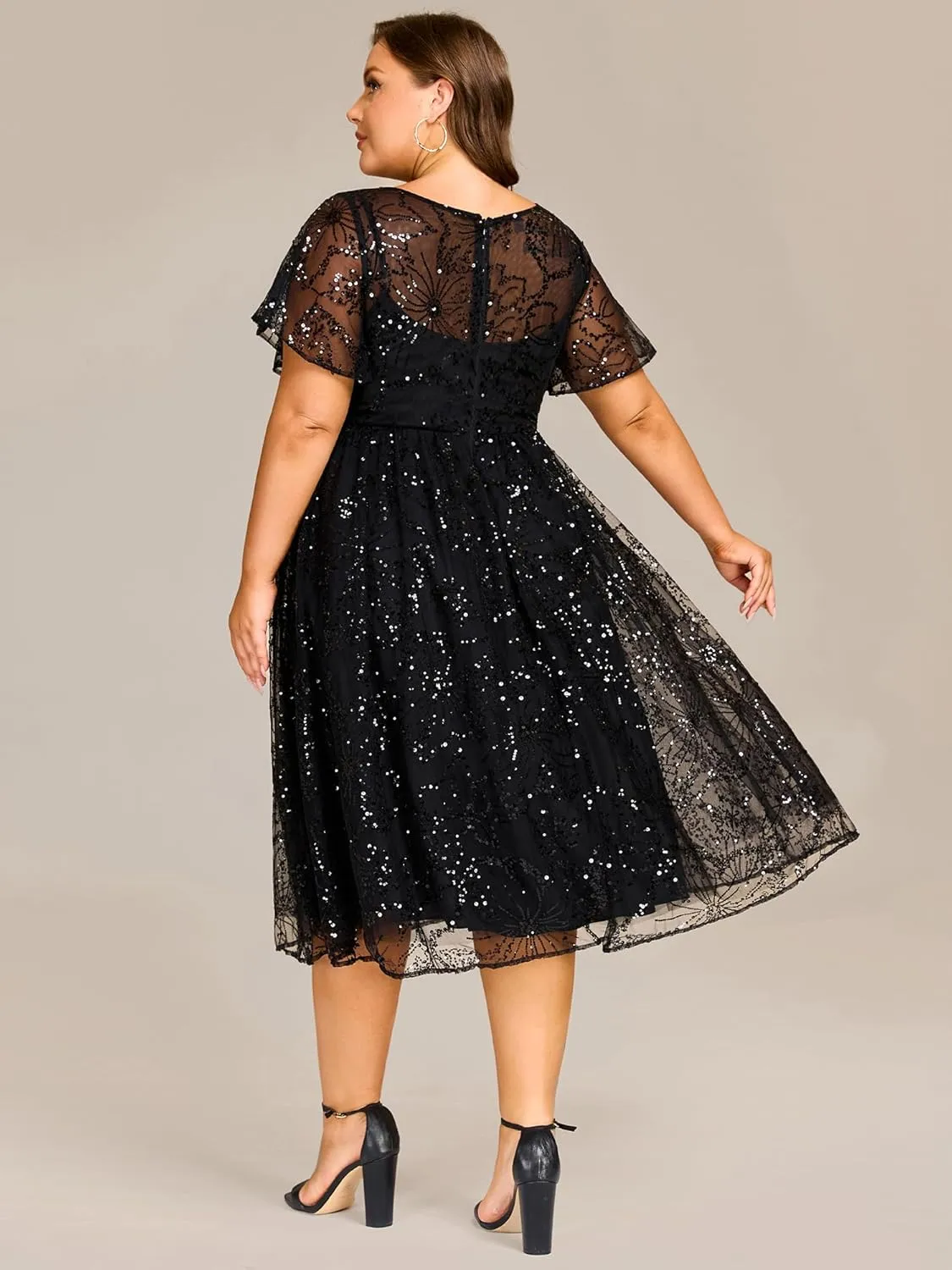 Ever-Pretty Plus Women's Gorgeous Round Neck A-Line Short Sleeves Midi Sequin Plus Size Formal Wedding Guest Dresses