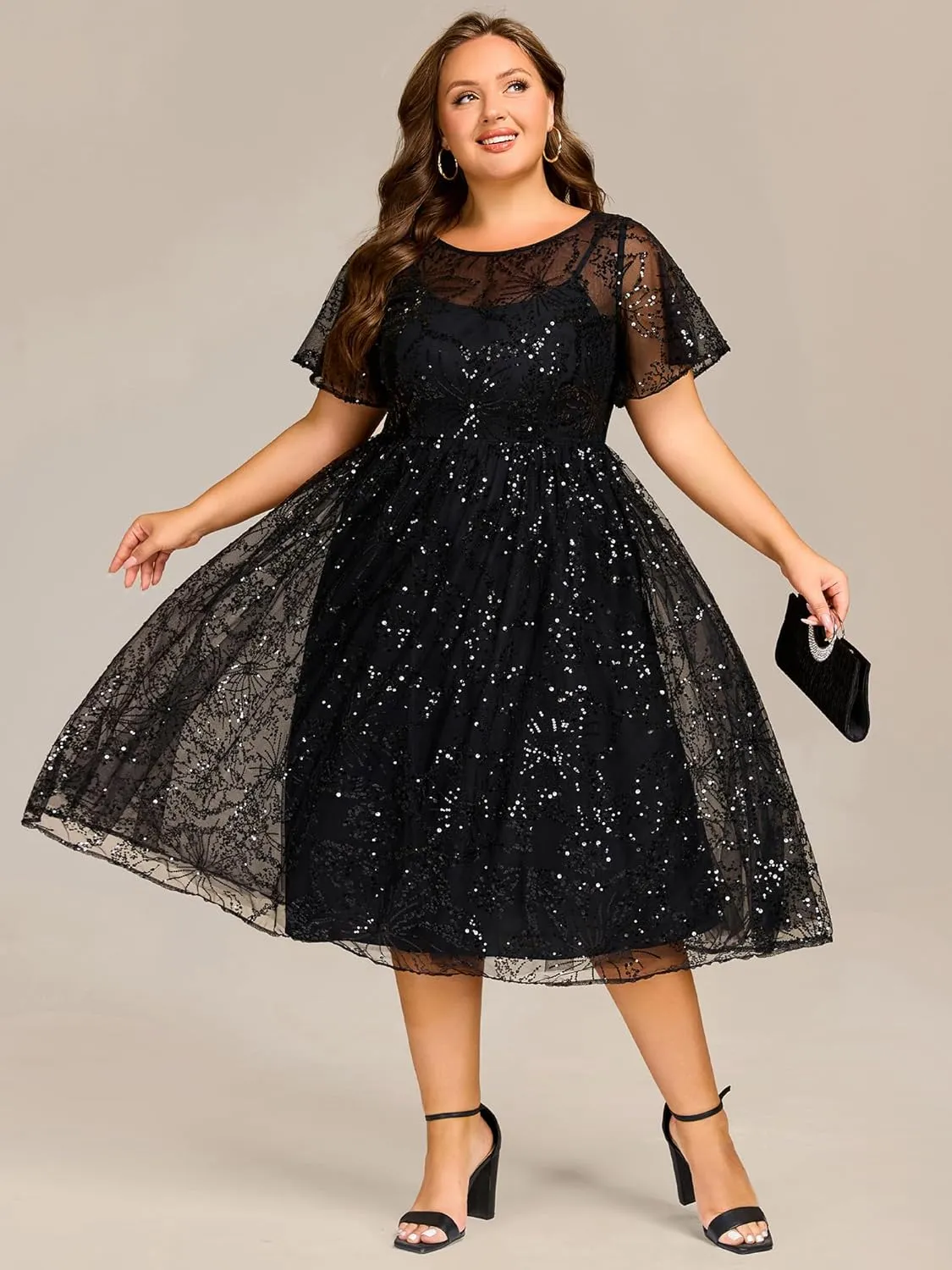Ever-Pretty Plus Women's Gorgeous Round Neck A-Line Short Sleeves Midi Sequin Plus Size Formal Wedding Guest Dresses