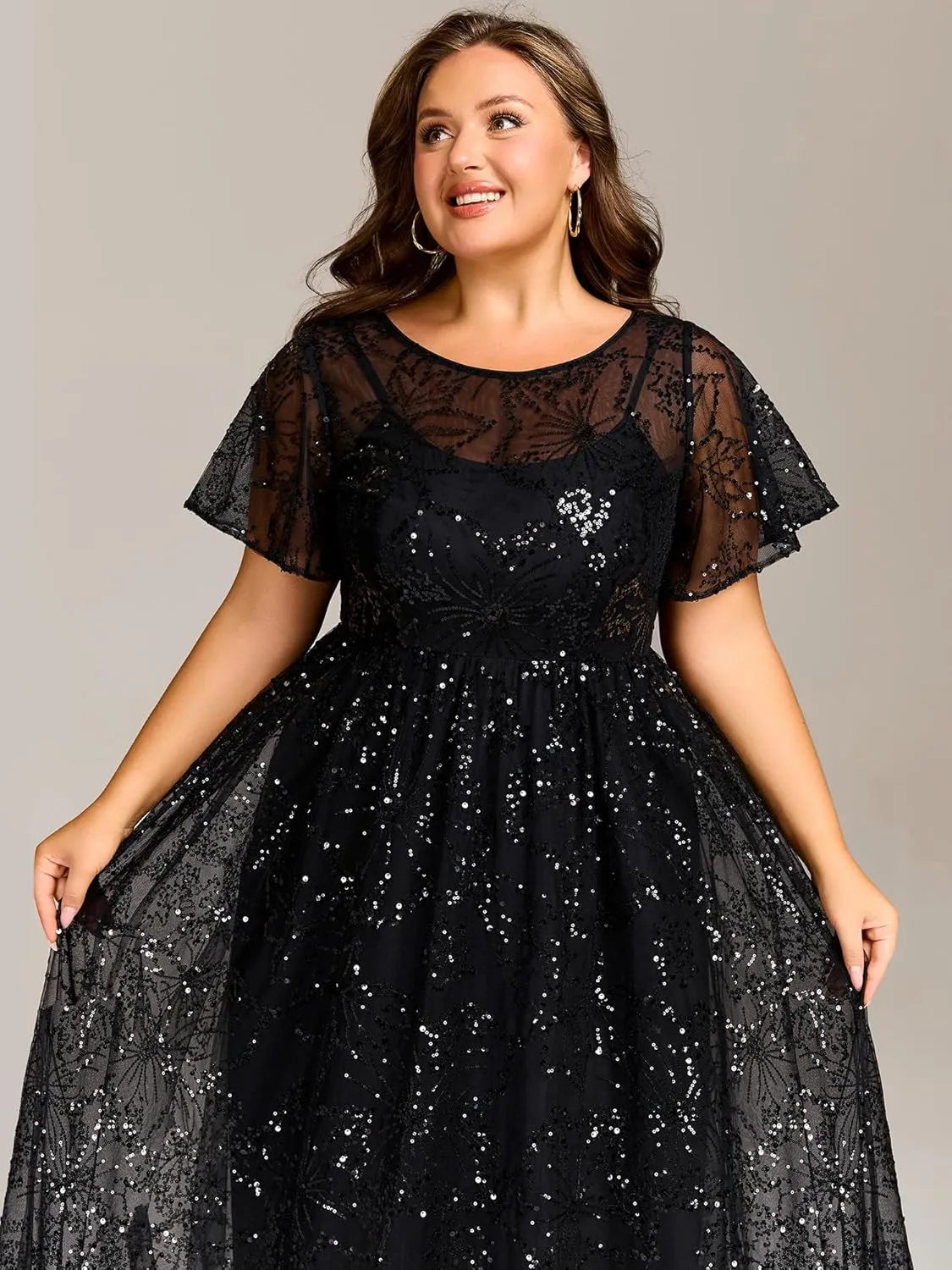 Ever-Pretty Plus Women's Gorgeous Round Neck A-Line Short Sleeves Midi Sequin Plus Size Formal Wedding Guest Dresses