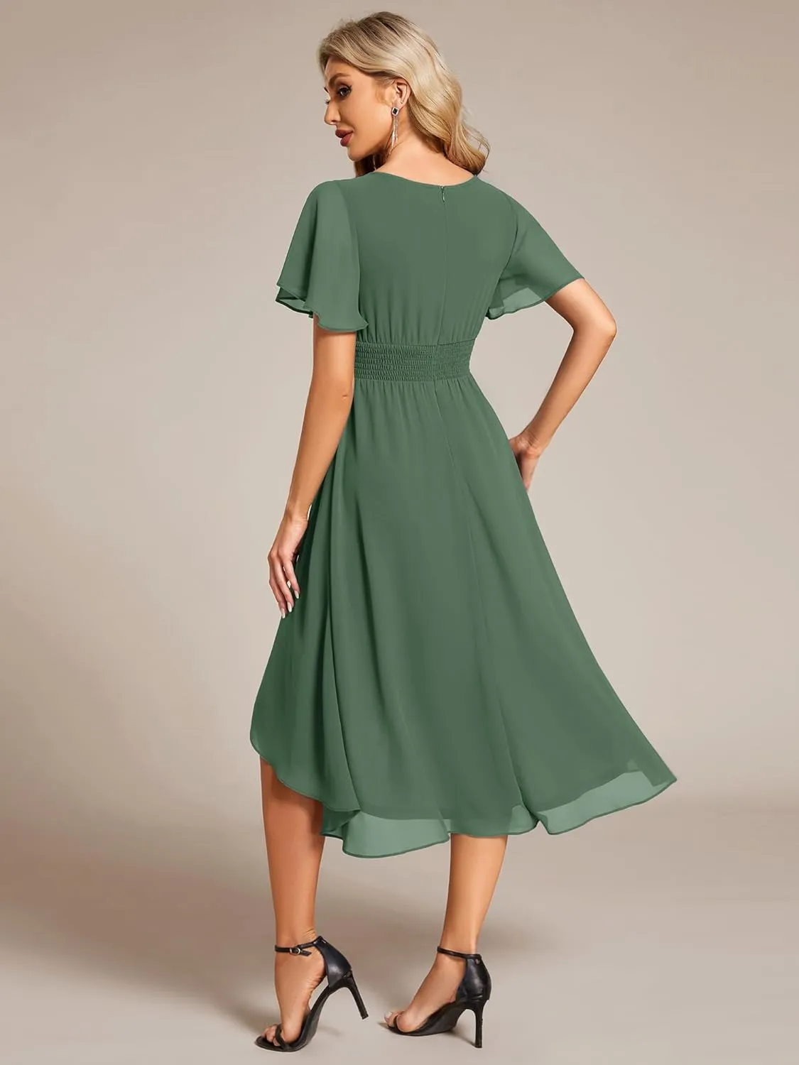 Ever-Pretty Women's Chiffon Crew Neck Pleated Waist Short Sleeve Wedding Guest Dress 02053