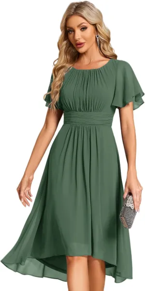 Ever-Pretty Women's Chiffon Crew Neck Pleated Waist Short Sleeve Wedding Guest Dress 02053