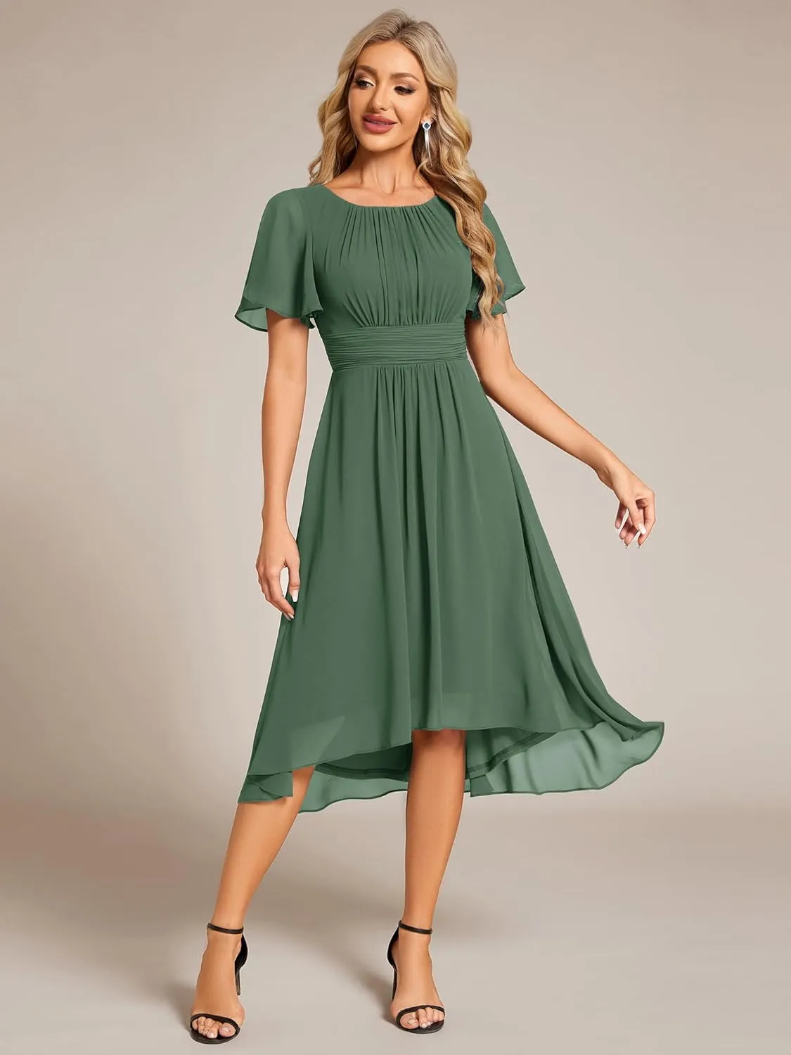 Ever-Pretty Women's Chiffon Crew Neck Pleated Waist Short Sleeve Wedding Guest Dress 02053