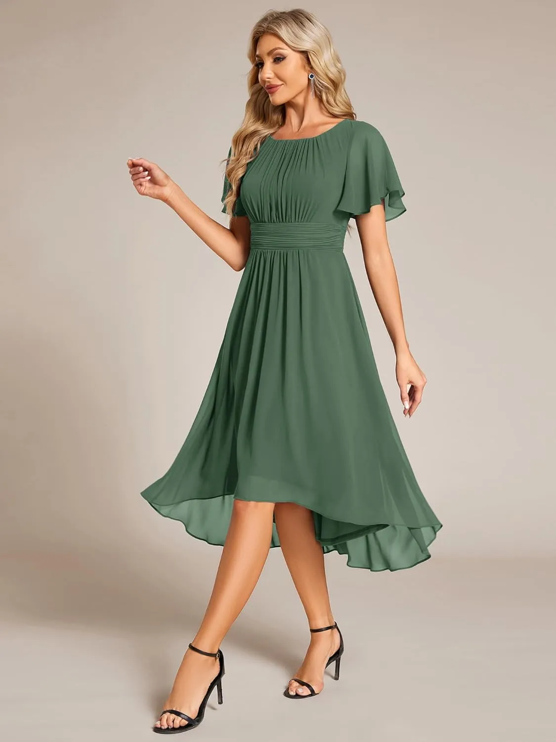 Ever-Pretty Women's Chiffon Crew Neck Pleated Waist Short Sleeve Wedding Guest Dress 02053
