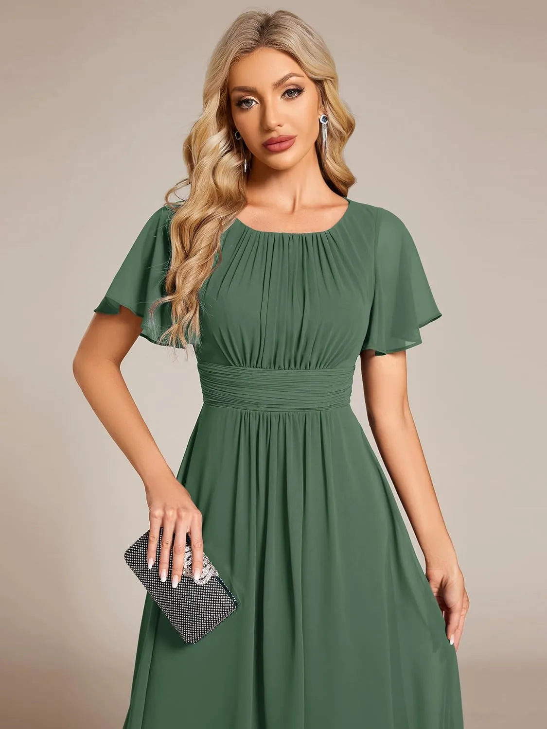 Ever-Pretty Women's Chiffon Crew Neck Pleated Waist Short Sleeve Wedding Guest Dress 02053