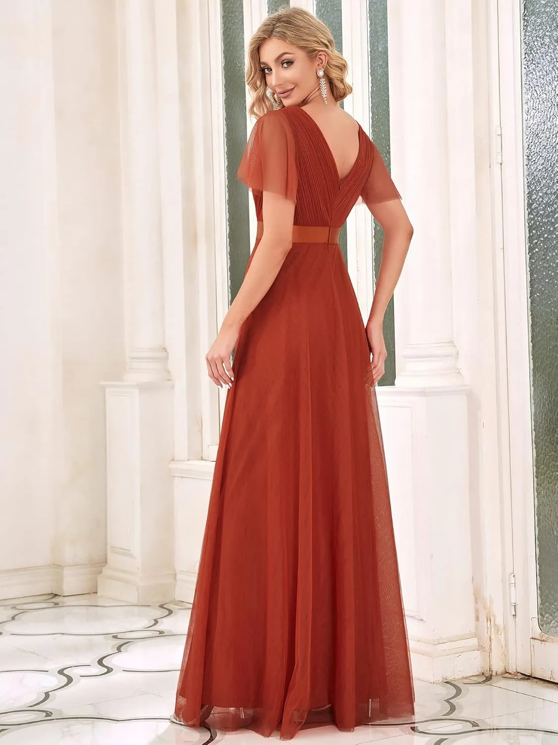 Ever-Pretty Women's Mother of Bride Dress Double V-Neck Empire Waist Front Wrap Tulle Bridesmaid Dress 07962