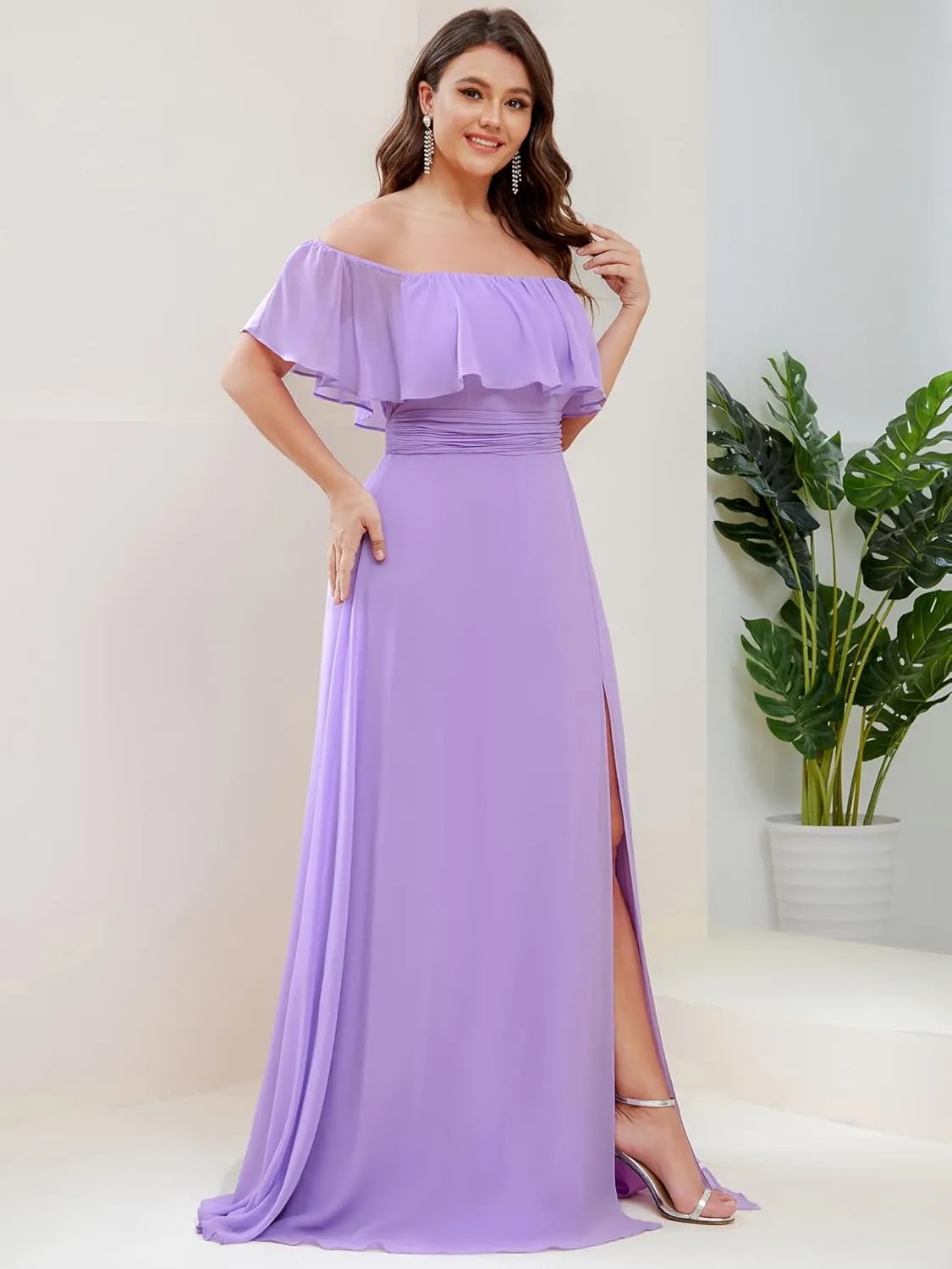 Ever-Pretty Women's Off Shoulder Short Sleeves Side Split Chiffon Plus Size Semi Formal Wedding Guest Dresses for Women