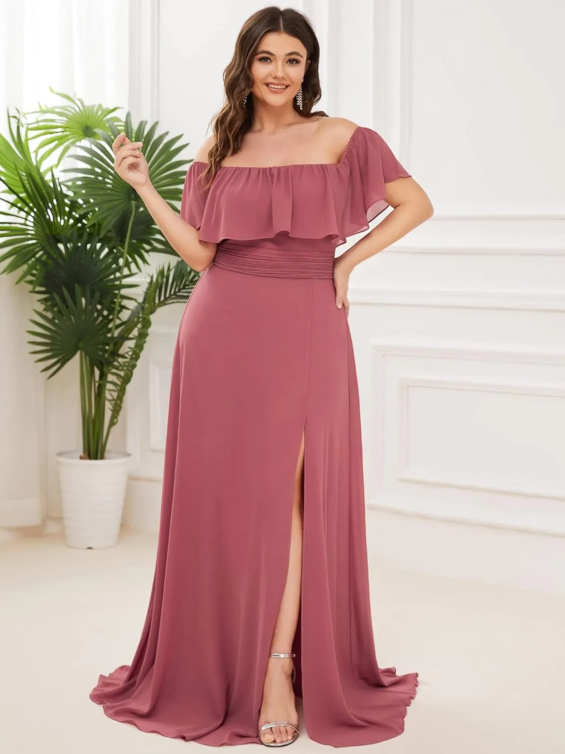 Ever-Pretty Women's Off Shoulder Short Sleeves Side Split Chiffon Plus Size Semi Formal Wedding Guest Dresses for Women