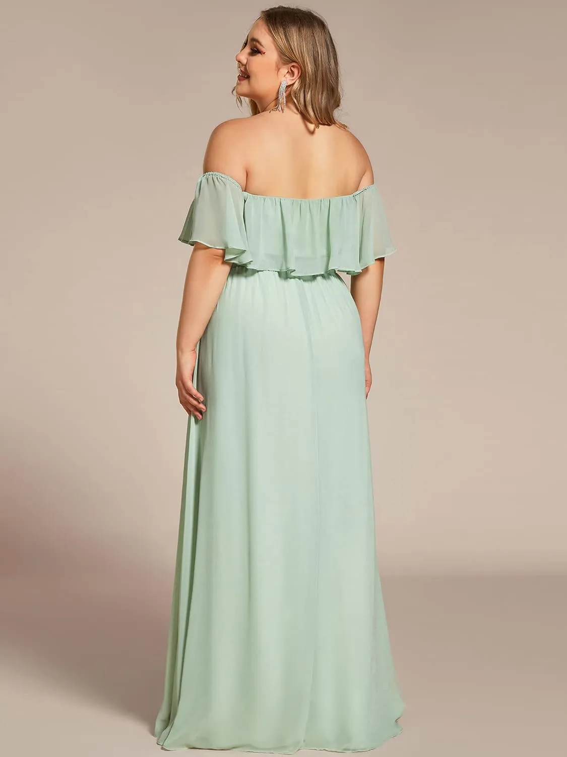 Ever-Pretty Women's Off Shoulder Short Sleeves Side Split Chiffon Plus Size Semi Formal Wedding Guest Dresses for Women