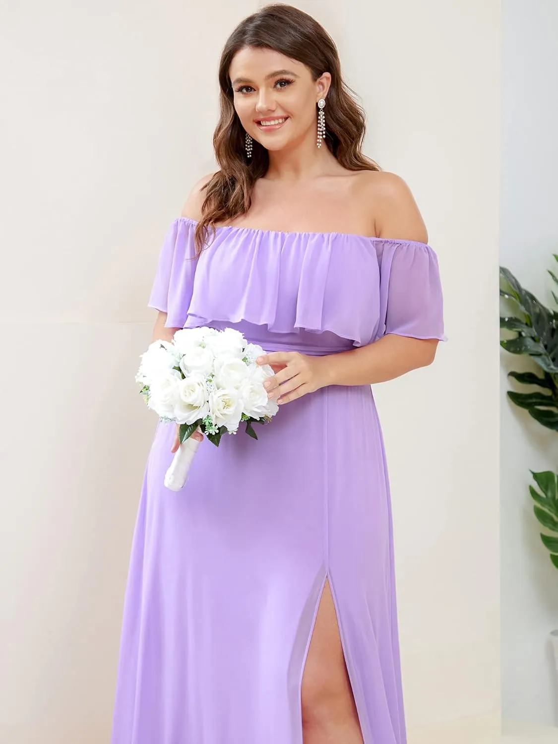 Ever-Pretty Women's Off Shoulder Short Sleeves Side Split Chiffon Plus Size Semi Formal Wedding Guest Dresses for Women