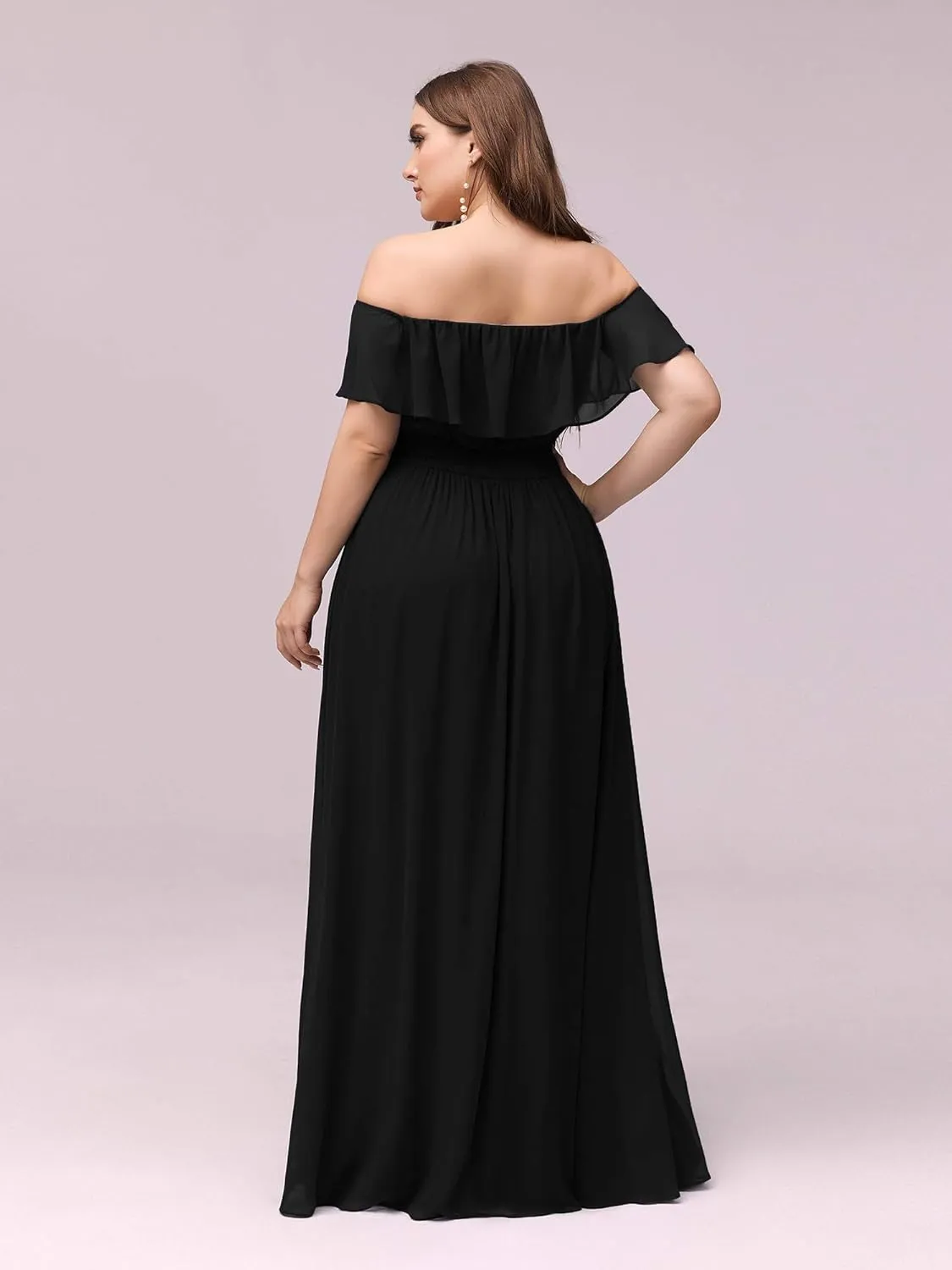 Ever-Pretty Women's Off Shoulder Short Sleeves Side Split Chiffon Plus Size Semi Formal Wedding Guest Dresses for Women