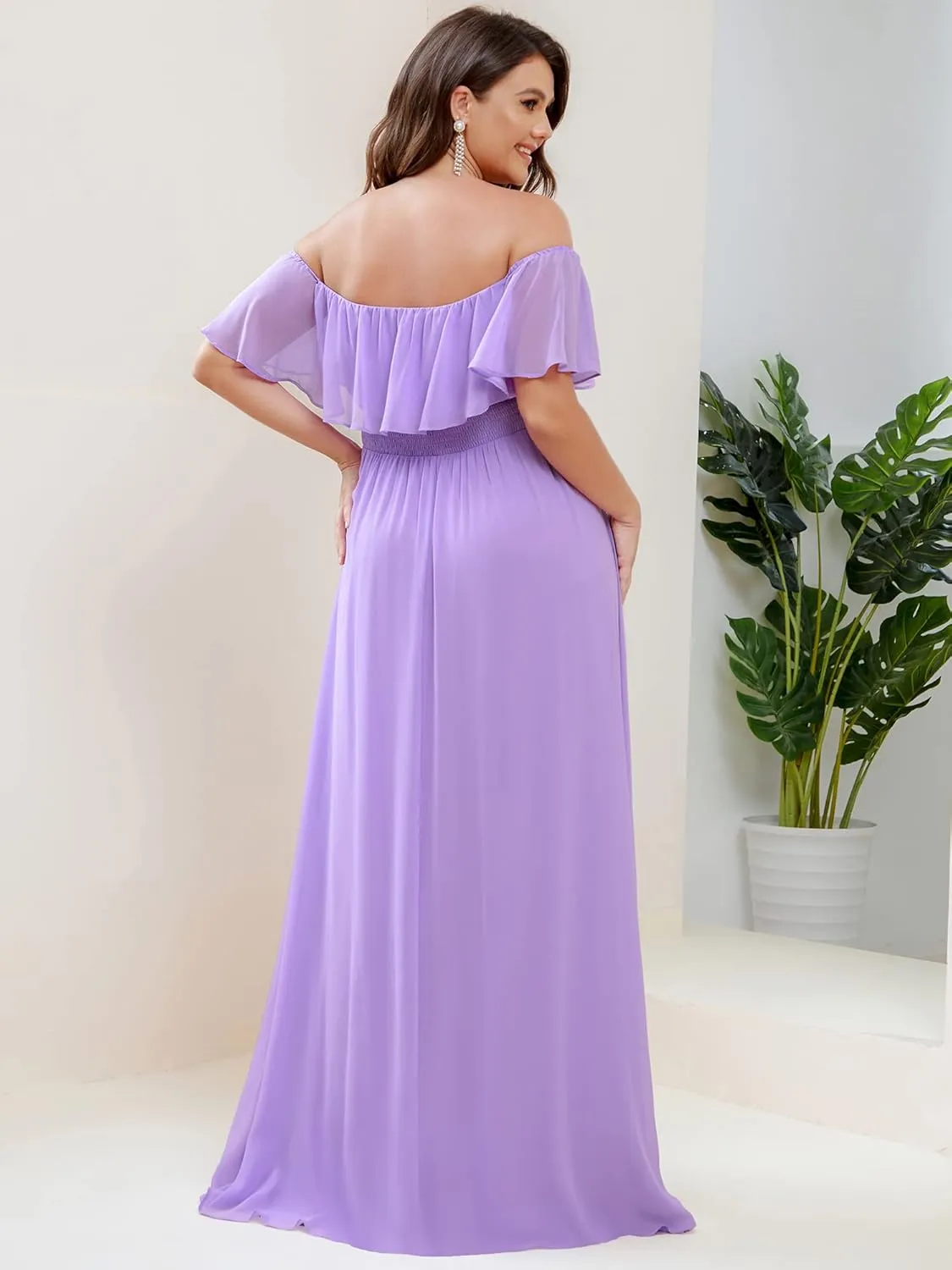 Ever-Pretty Women's Off Shoulder Short Sleeves Side Split Chiffon Plus Size Semi Formal Wedding Guest Dresses for Women