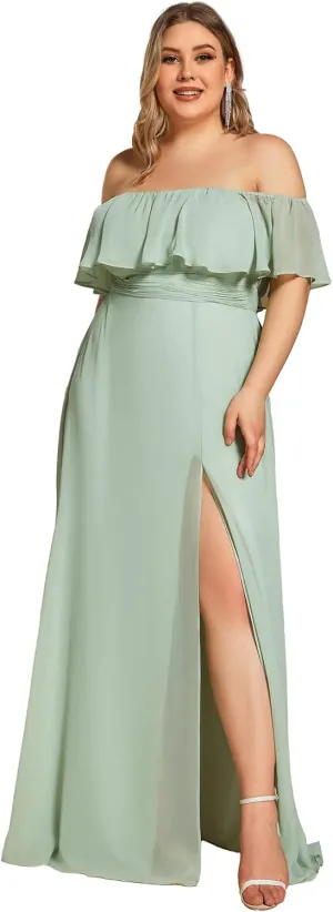 Ever-Pretty Women's Off Shoulder Short Sleeves Side Split Chiffon Plus Size Semi Formal Wedding Guest Dresses for Women