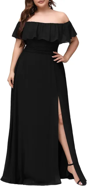 Ever-Pretty Women's Off Shoulder Short Sleeves Side Split Chiffon Plus Size Semi Formal Wedding Guest Dresses for Women