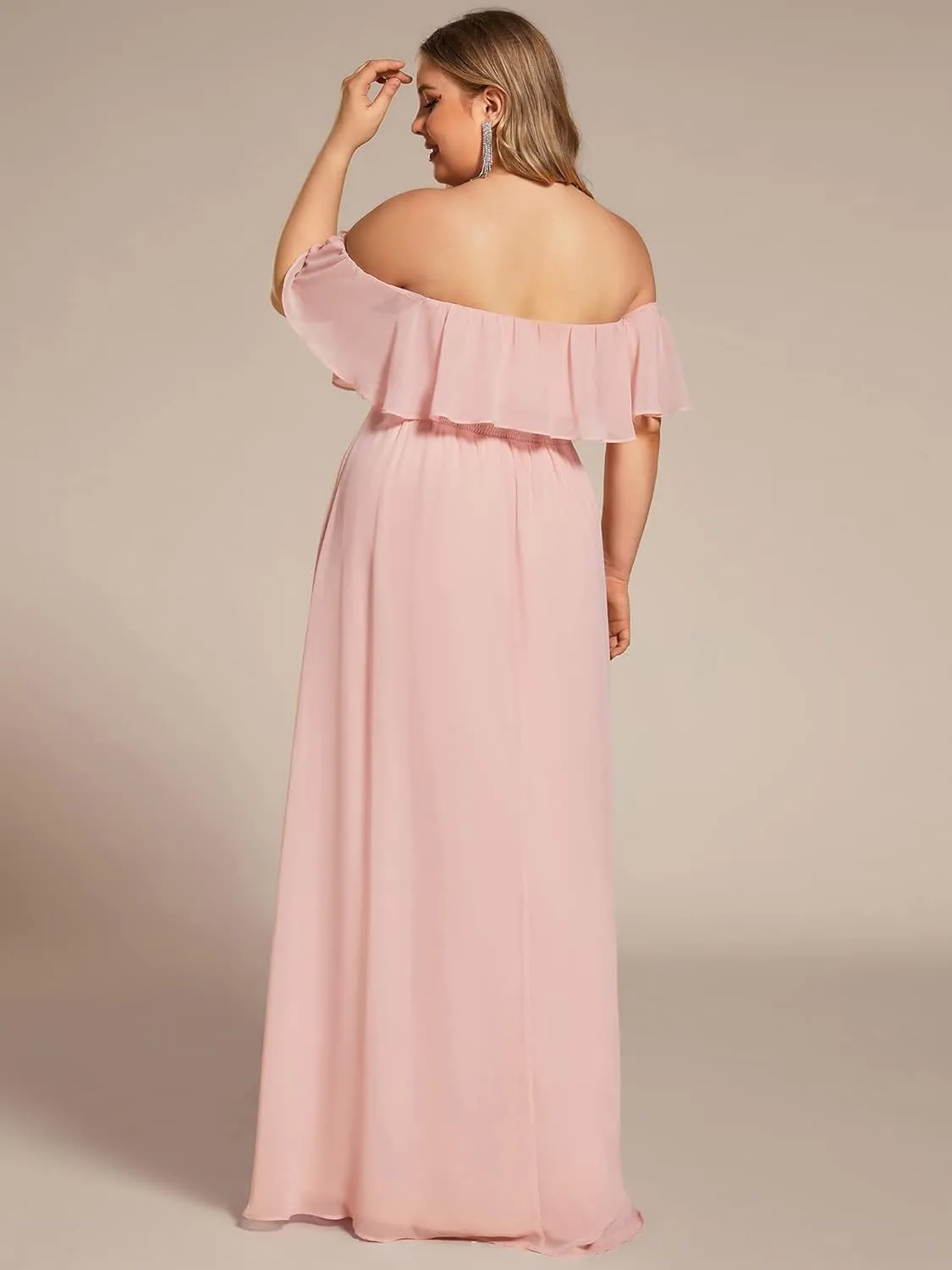 Ever-Pretty Women's Off Shoulder Short Sleeves Side Split Chiffon Plus Size Semi Formal Wedding Guest Dresses for Women