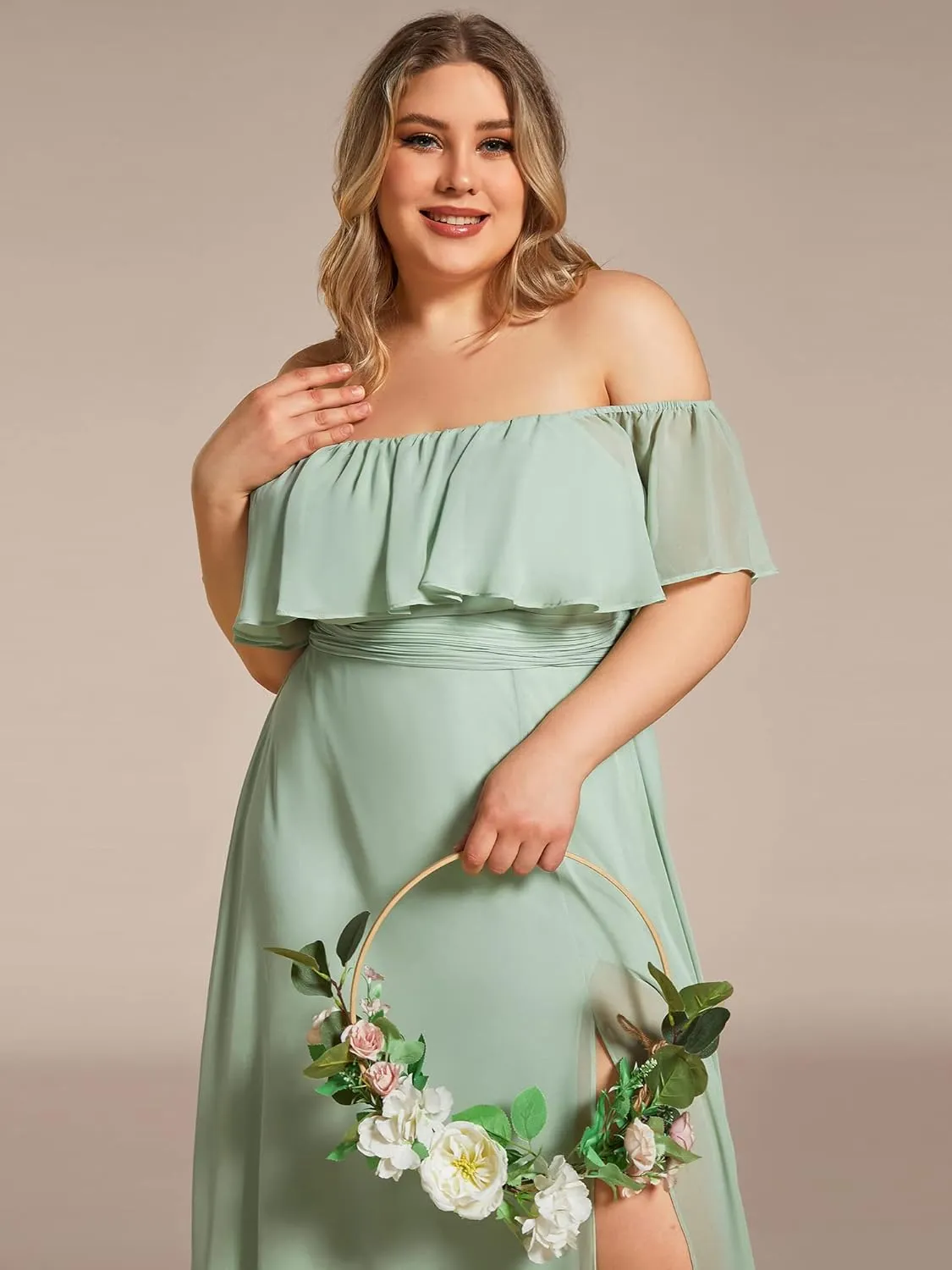 Ever-Pretty Women's Off Shoulder Short Sleeves Side Split Chiffon Plus Size Semi Formal Wedding Guest Dresses for Women