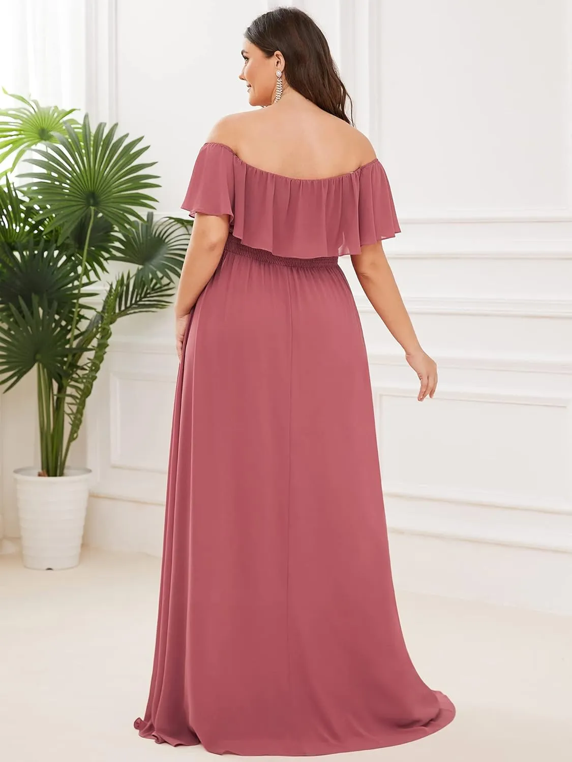 Ever-Pretty Women's Off Shoulder Short Sleeves Side Split Chiffon Plus Size Semi Formal Wedding Guest Dresses for Women