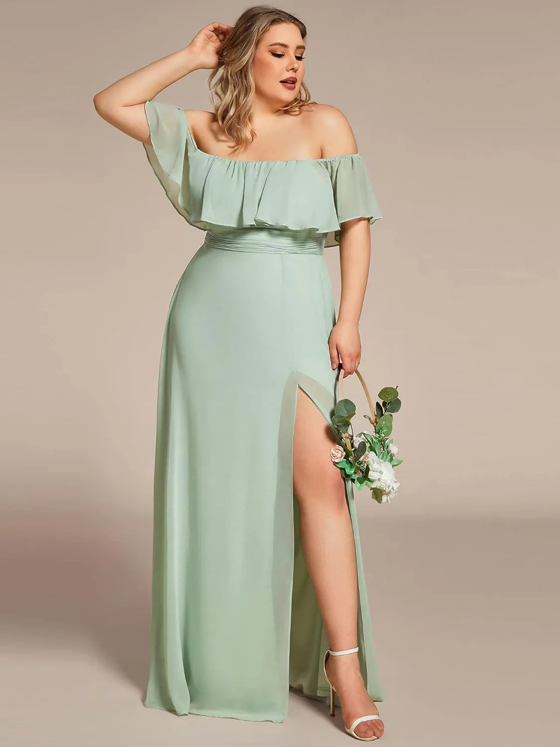 Ever-Pretty Women's Off Shoulder Short Sleeves Side Split Chiffon Plus Size Semi Formal Wedding Guest Dresses for Women