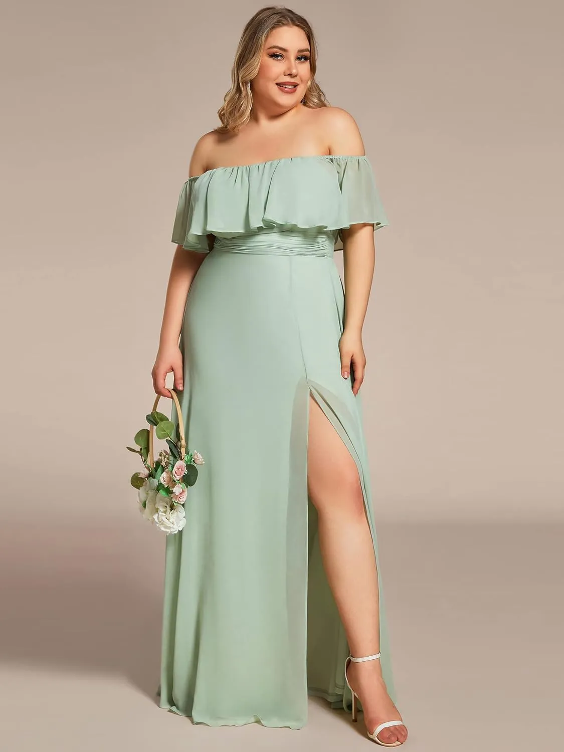 Ever-Pretty Women's Off Shoulder Short Sleeves Side Split Chiffon Plus Size Semi Formal Wedding Guest Dresses for Women