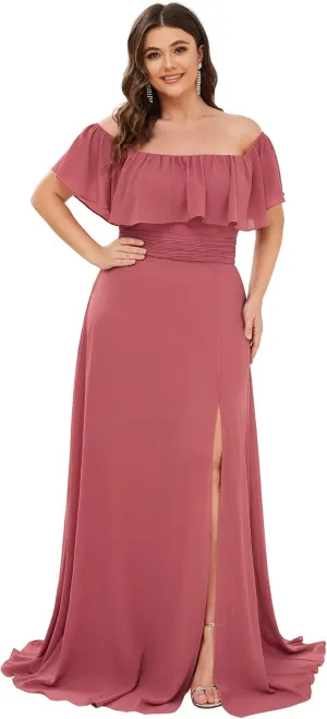 Ever-Pretty Women's Off Shoulder Short Sleeves Side Split Chiffon Plus Size Semi Formal Wedding Guest Dresses for Women