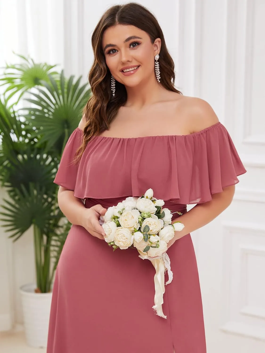 Ever-Pretty Women's Off Shoulder Short Sleeves Side Split Chiffon Plus Size Semi Formal Wedding Guest Dresses for Women